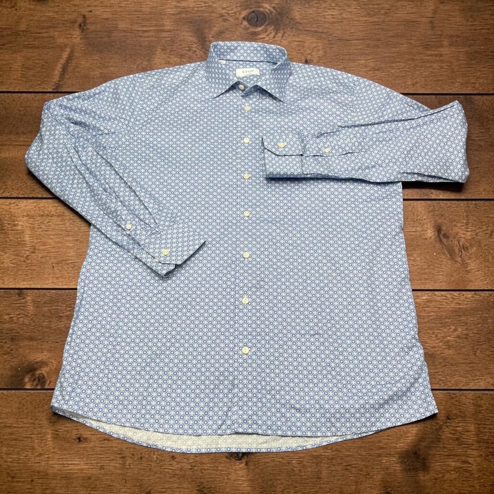Eton Mens Contemporary Fit Blue Geometric Dice Print Cotton Dress Shirt 17 43